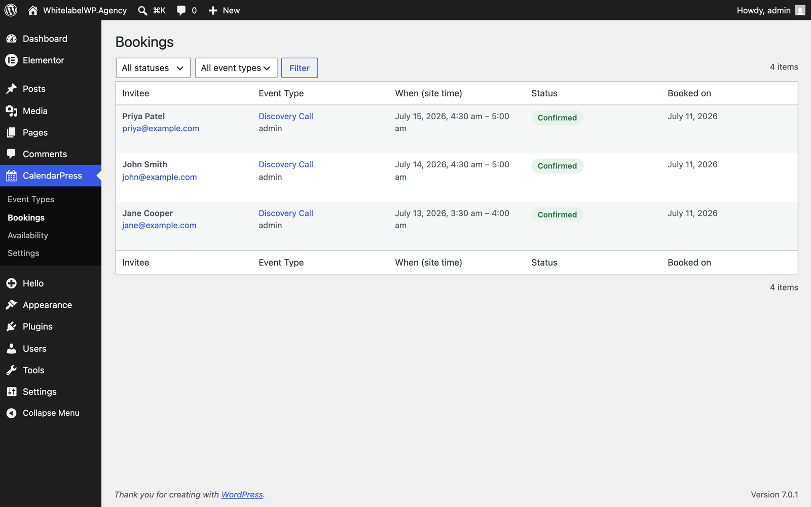 Availo bookings dashboard inside WordPress admin